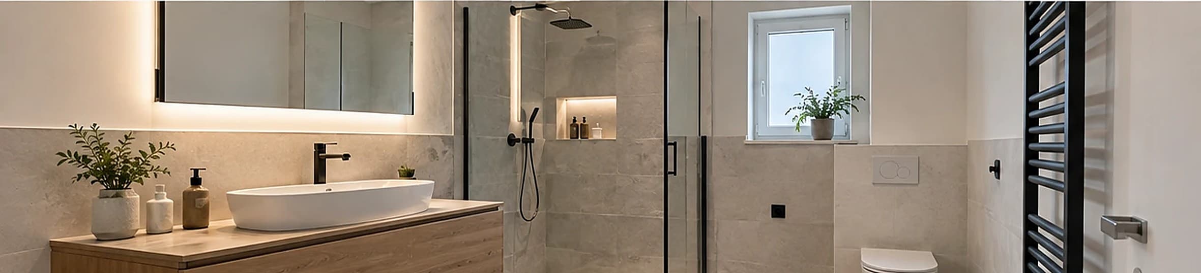 Großzügiges saniertes Badezimmer mit Waschtisch und Dusche