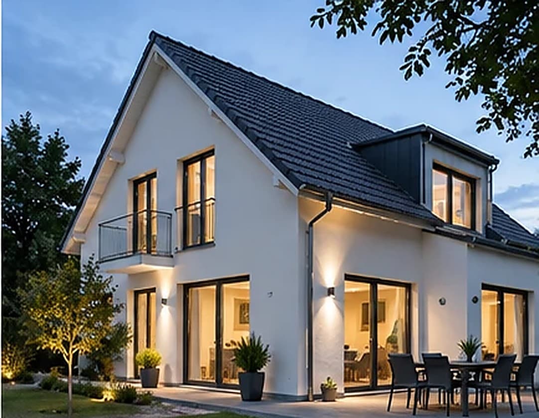 Saniertes Einfamilienhaus in Berlin, Außenansicht am Abend