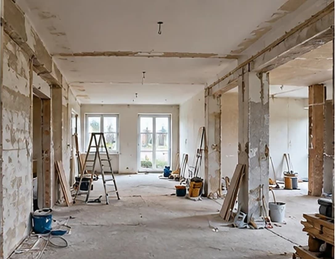 Entkernte Wohnung während der Sanierung mit Material und Werkzeug